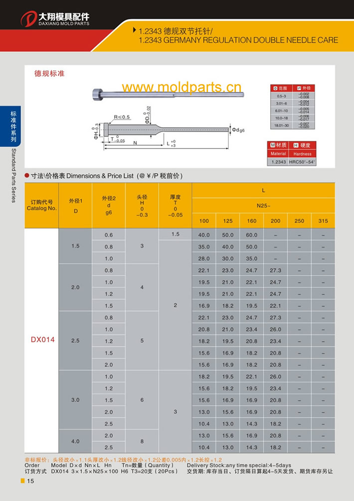東莞大翔模具配件有限公司專業(yè)生產(chǎn)1.2343德規(guī)雙節(jié)頂針，1.2343德規(guī)雙節(jié)頂針的材質(zhì)、熱處理、硬度、標(biāo)準(zhǔn)、型號(hào)等詳情說明和介紹，您可以通過本頁面下單留言或者發(fā)送詢/報(bào)價(jià)