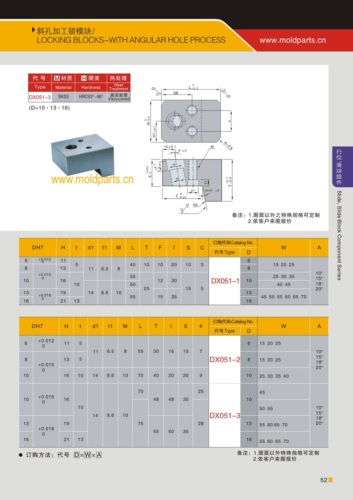 東莞大翔模具配件有限公司專業(yè)生產(chǎn)斜孔加工鎖模塊，斜孔加工鎖模塊的材質(zhì)、熱處理、硬度、標(biāo)準(zhǔn)、型號(hào)等詳情說(shuō)明和介紹，您可以通過(guò)本頁(yè)面下單留言或者發(fā)送詢/報(bào)價(jià)