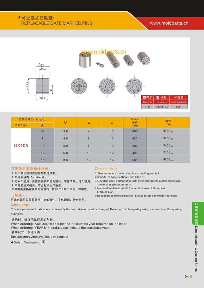 東莞大翔模具配件有限公司專(zhuān)業(yè)生產(chǎn)可更換式日期章，可更換式日期章的材質(zhì)、熱處理、硬度、標(biāo)準(zhǔn)、型號(hào)等詳情說(shuō)明和介紹，您可以通過(guò)本頁(yè)面下單留言或者發(fā)送詢(xún)/報(bào)價(jià)