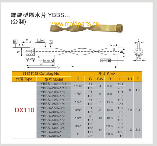 東莞大翔模具配件有限公司專業(yè)生產(chǎn)DME標(biāo)準(zhǔn)YBBS螺旋型隔水片，DME標(biāo)準(zhǔn)YBBS螺旋型隔水片的材質(zhì)、熱處理、硬度、標(biāo)準(zhǔn)、型號等詳情說明和介紹，您可以通過本頁面下單留言或者發(fā)送詢/報價
