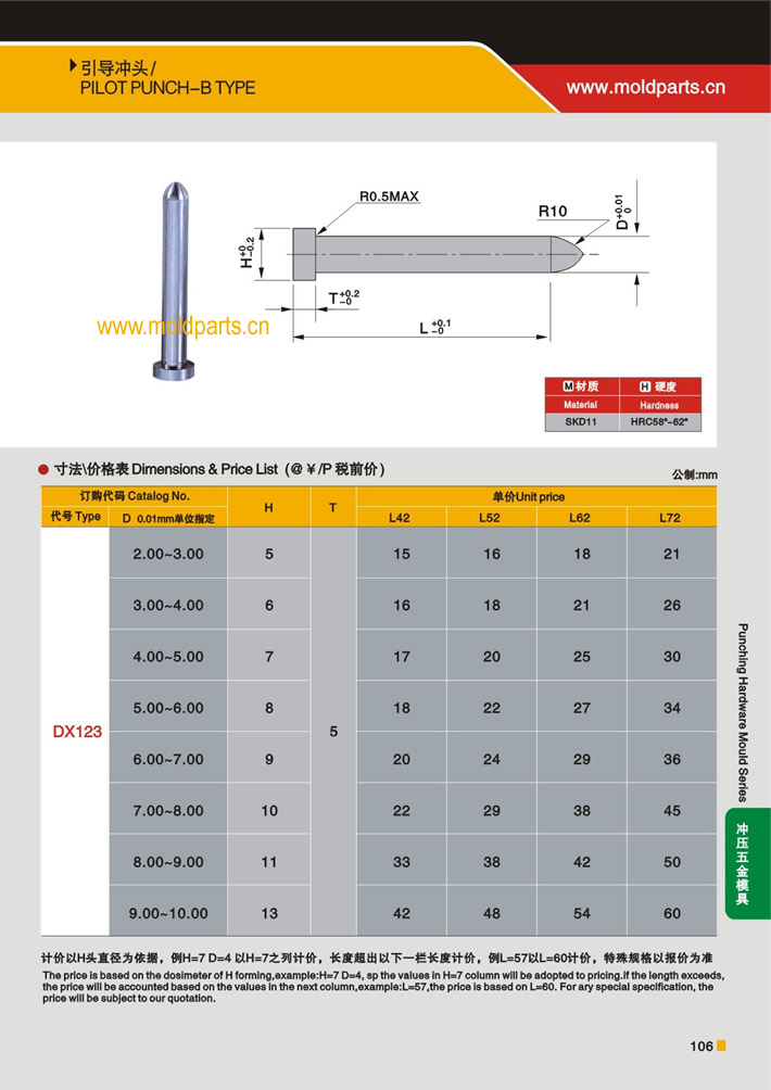 東莞大翔模具配件有限公司專業(yè)生產(chǎn)引導沖頭，引導沖頭的材質(zhì)、熱處理、硬度、標準、型號等詳情說明和介紹，您可以通過本頁面下單留言或者發(fā)送詢/報價