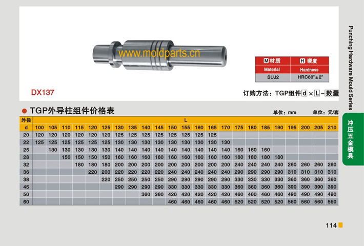 東莞大翔模具配件有限公司專業(yè)生產(chǎn)冷沖模TGP外導柱組件，冷沖模TGP外導柱組件的材質(zhì)、熱處理、硬度、標準、型號等詳情說明和介紹，您可以通過本頁面下單留言或者發(fā)送詢/報價